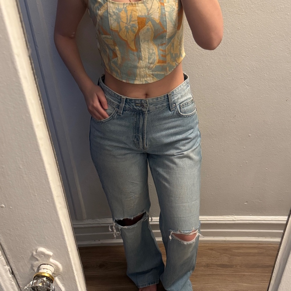 Bershka Light Blue Distressed Straight-Leg Jeans